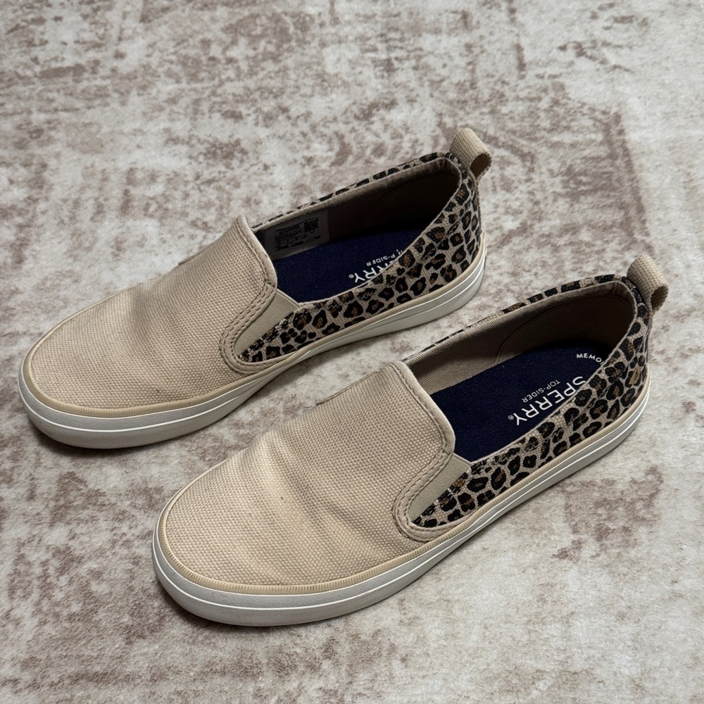 Sperry Tan Slip-On Shoes with Leopard Accents